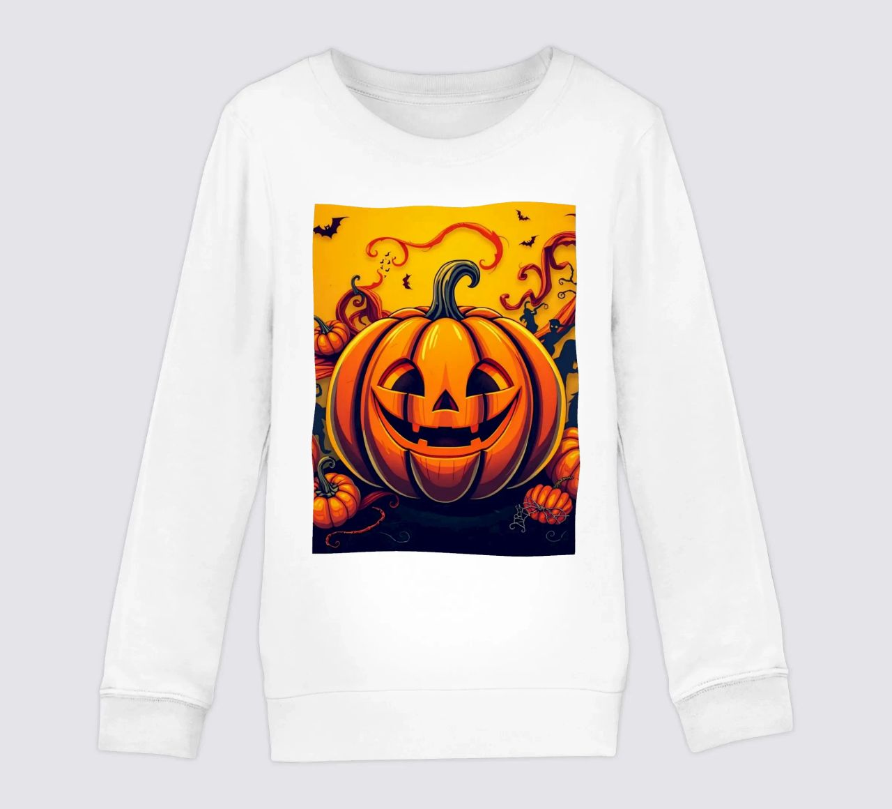 alegre calabaza rodeada de murciélagos juguetones y enredadera arremolinada sudadera para niño de DesignDoodle