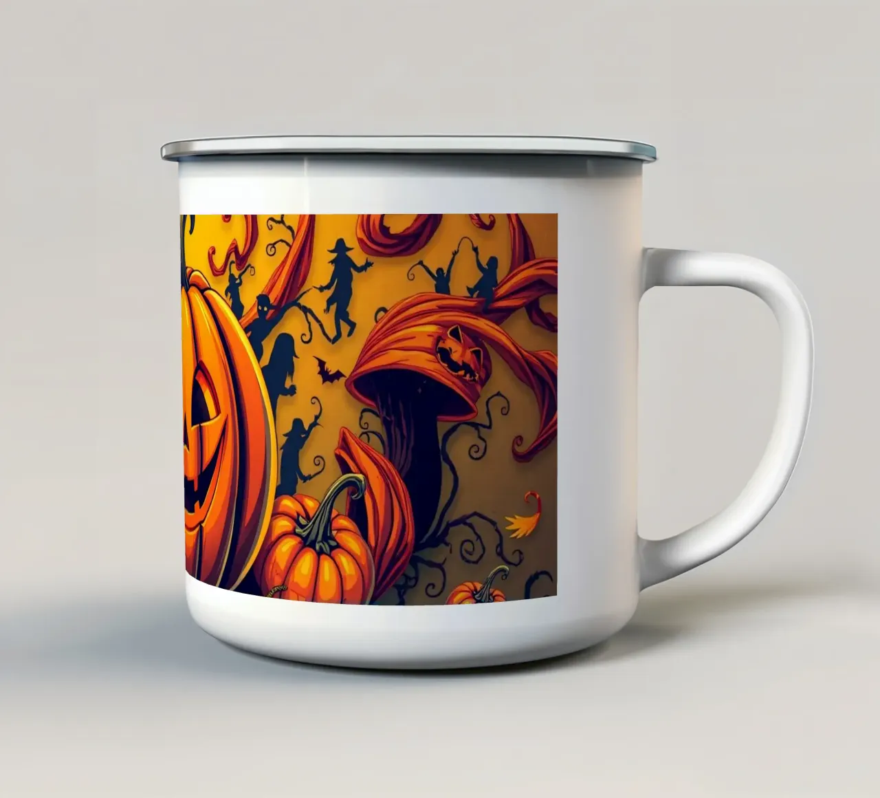 zucca gioiosa circondata da pipistrelli giocosi e da una vite vorticosa tazza in smalto da DesignDoodle
