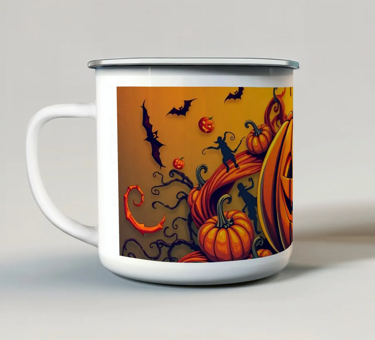zucca gioiosa circondata da pipistrelli giocosi e da una vite vorticosa tazza in smalto da DesignDoodle