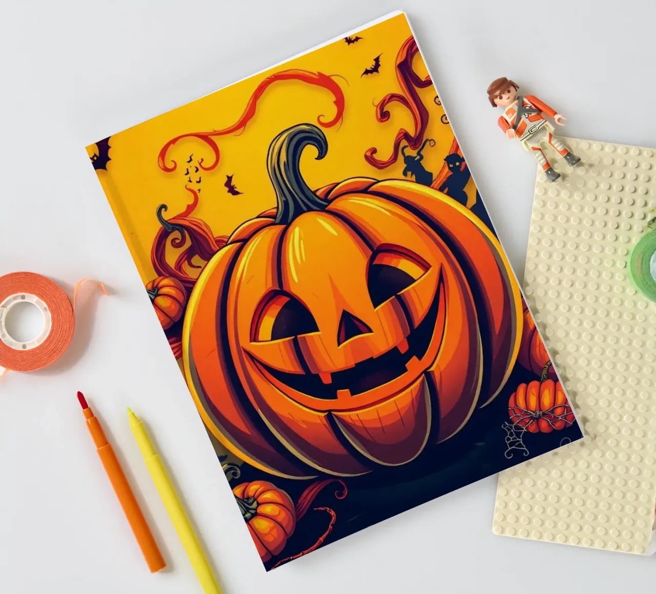 joyful pumpkin surrounded by playful bats and swirling vine notebook by DesignDoodle