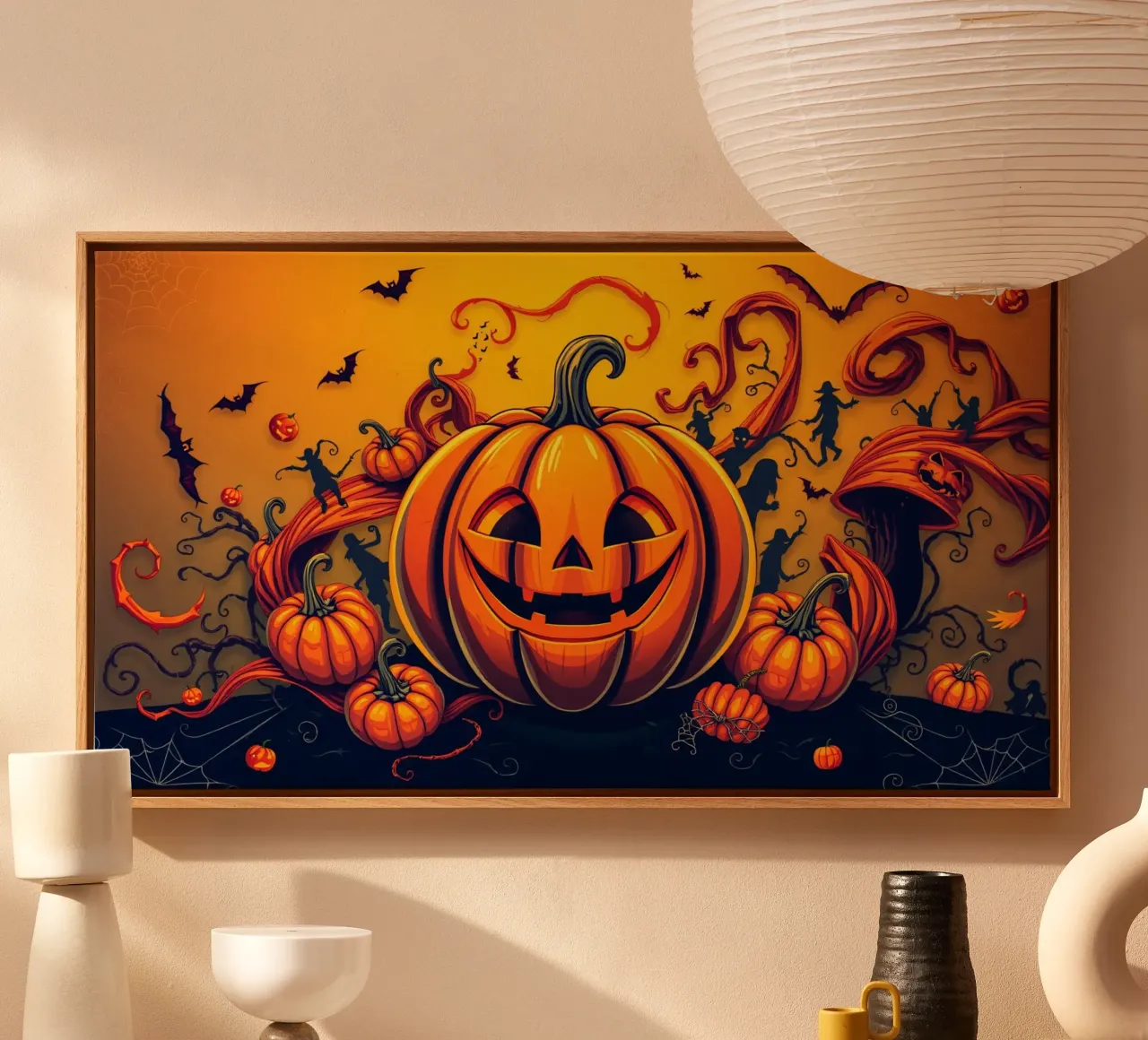 zucca gioiosa circondata da pipistrelli giocosi e da una vite vorticosa tela con Cornice a cassetta da DesignDoodle