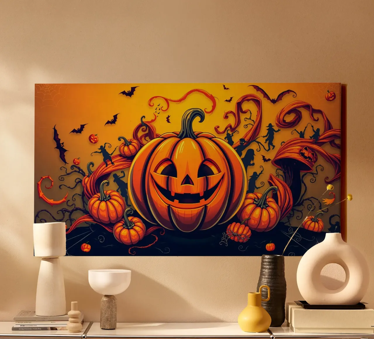 zucca gioiosa circondata da pipistrelli giocosi e da una vite vorticosa tela con Cornice a cassetta da DesignDoodle