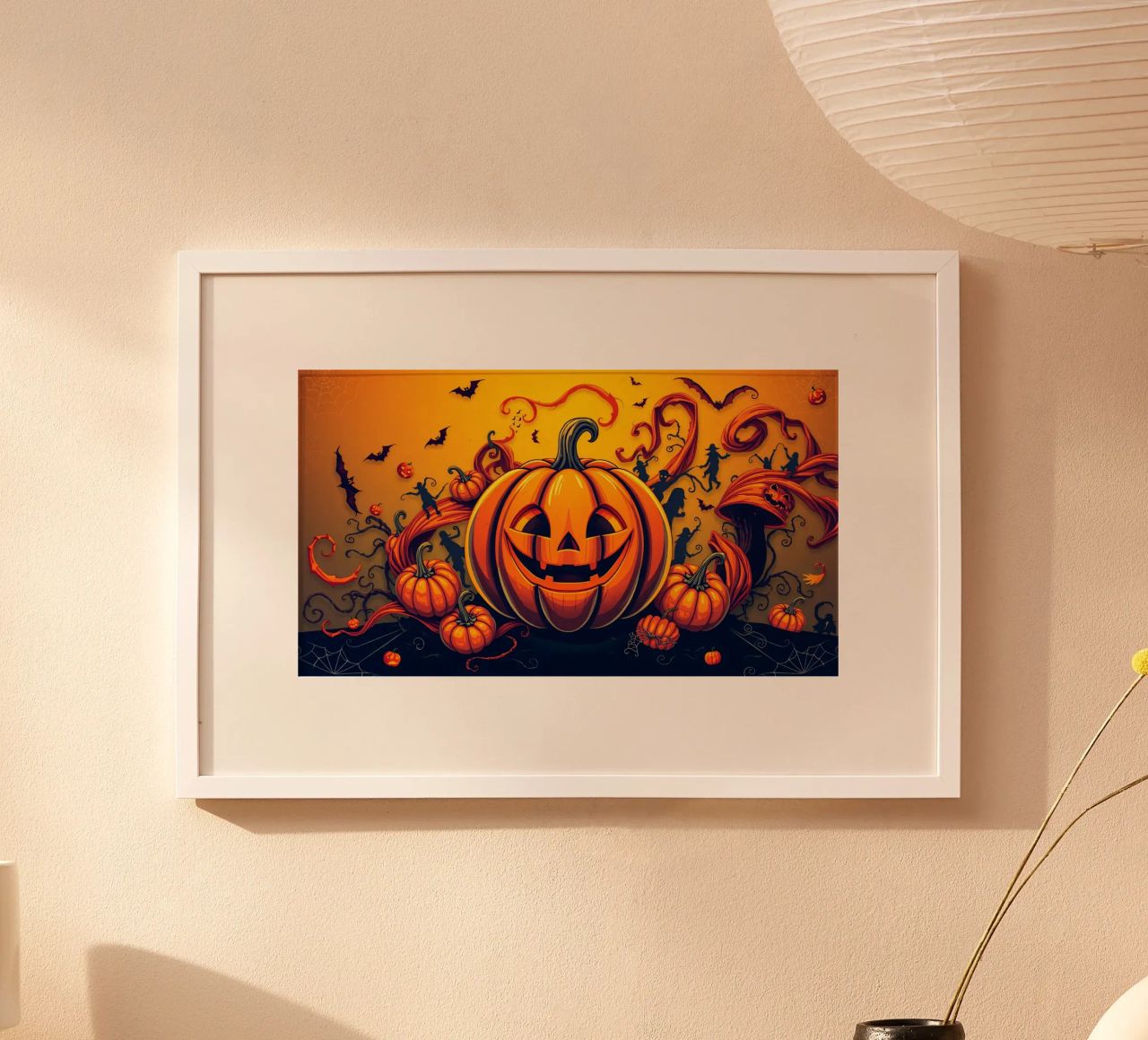 zucca gioiosa circondata da pipistrelli giocosi e da una vite vorticosa poster da DesignDoodle
