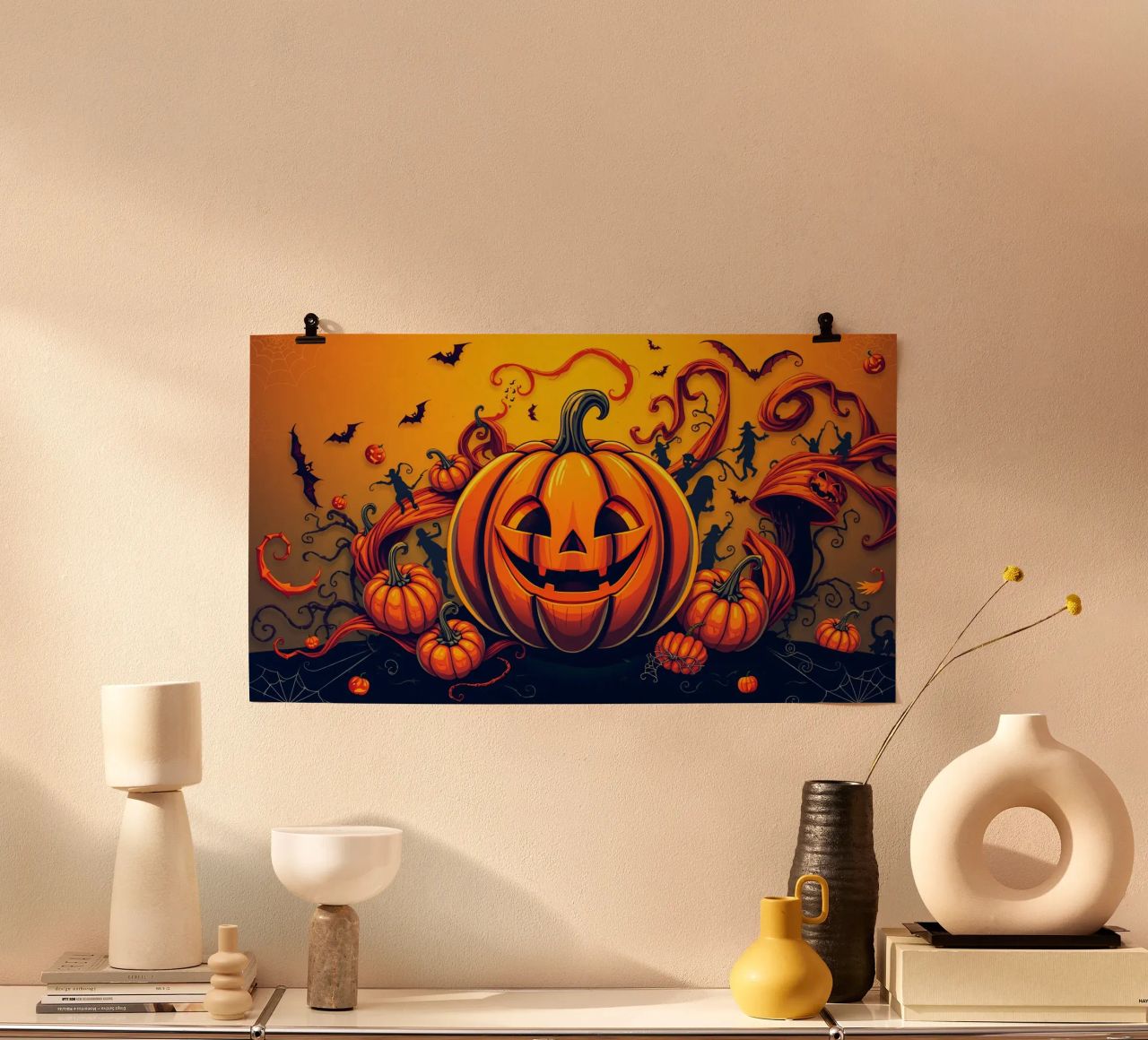 zucca gioiosa circondata da pipistrelli giocosi e da una vite vorticosa poster da DesignDoodle
