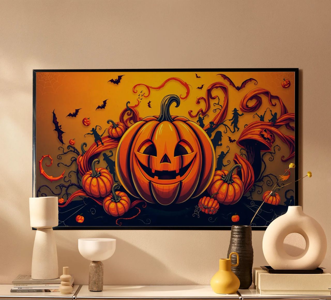 zucca gioiosa circondata da pipistrelli giocosi e da una vite vorticosa poster da DesignDoodle