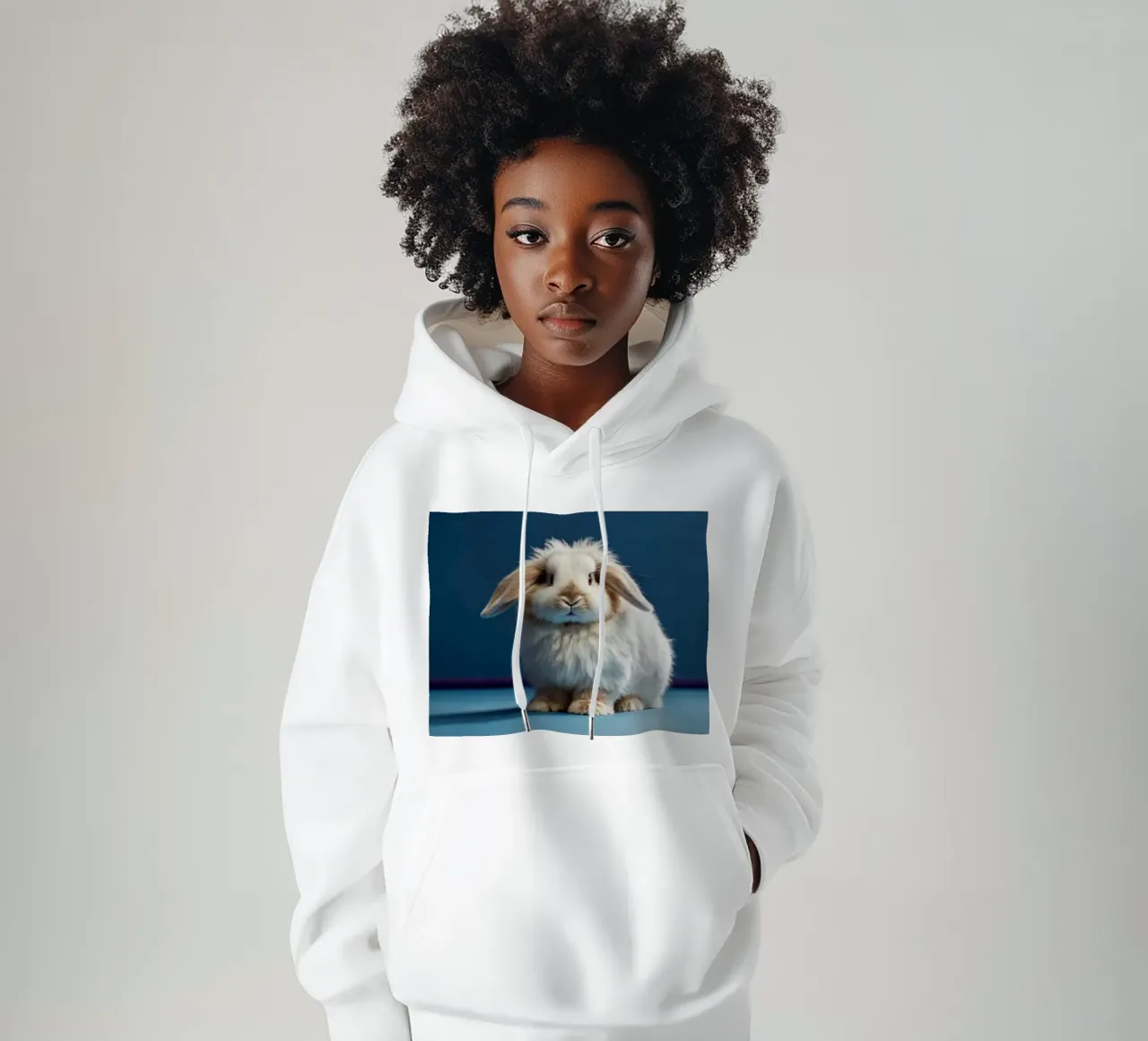 Lapin blanc duveteux assis sur une surface bleue sweat à capuche de DesignDoodle