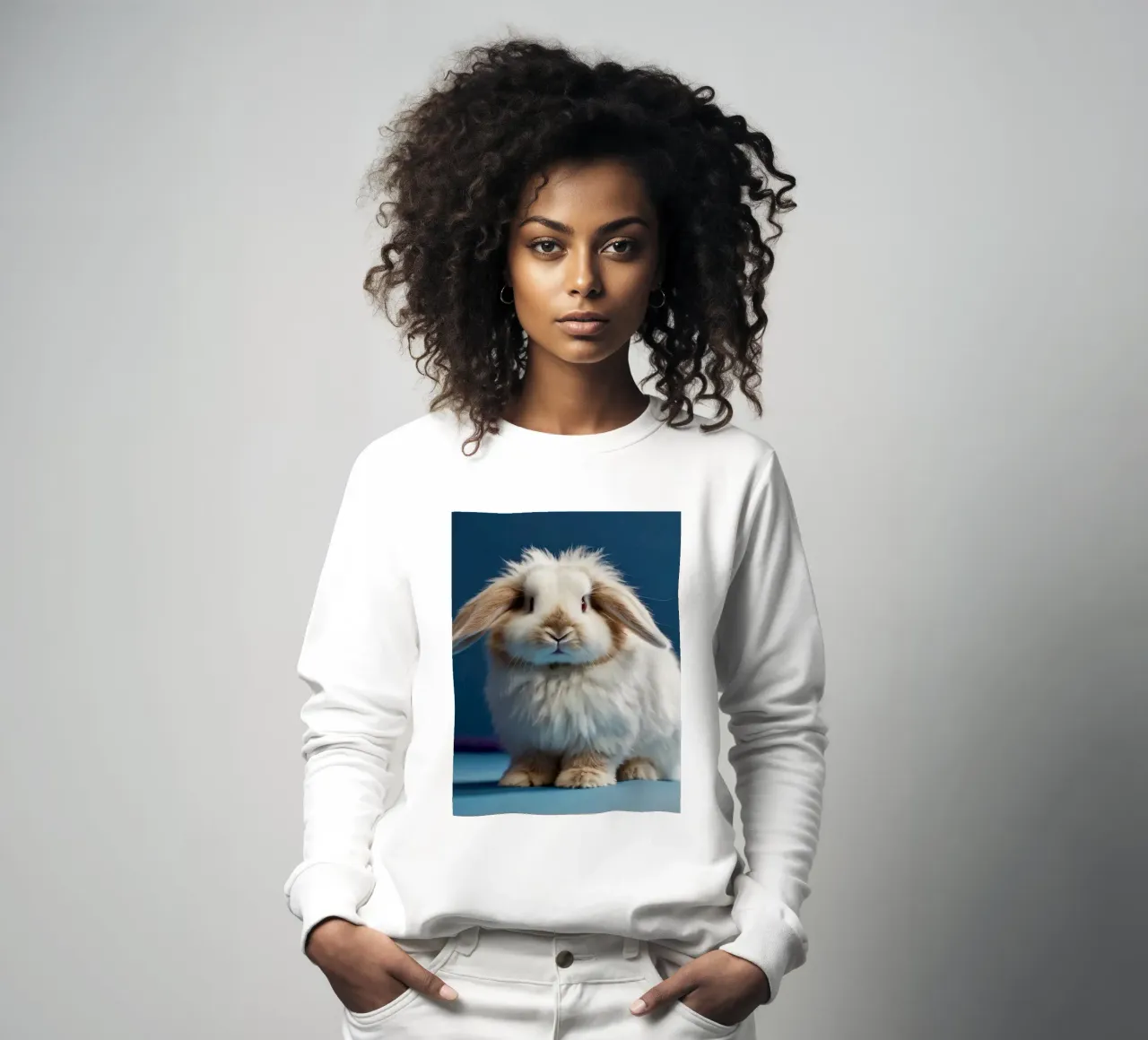 Lapin blanc duveteux assis sur une surface bleue sweat de DesignDoodle