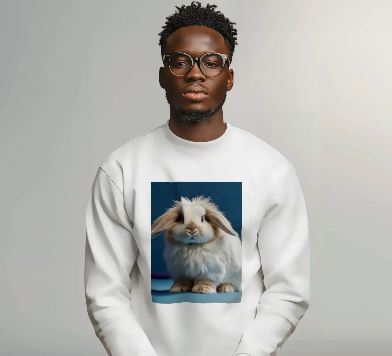 Lapin blanc duveteux assis sur une surface bleue sweat de DesignDoodle