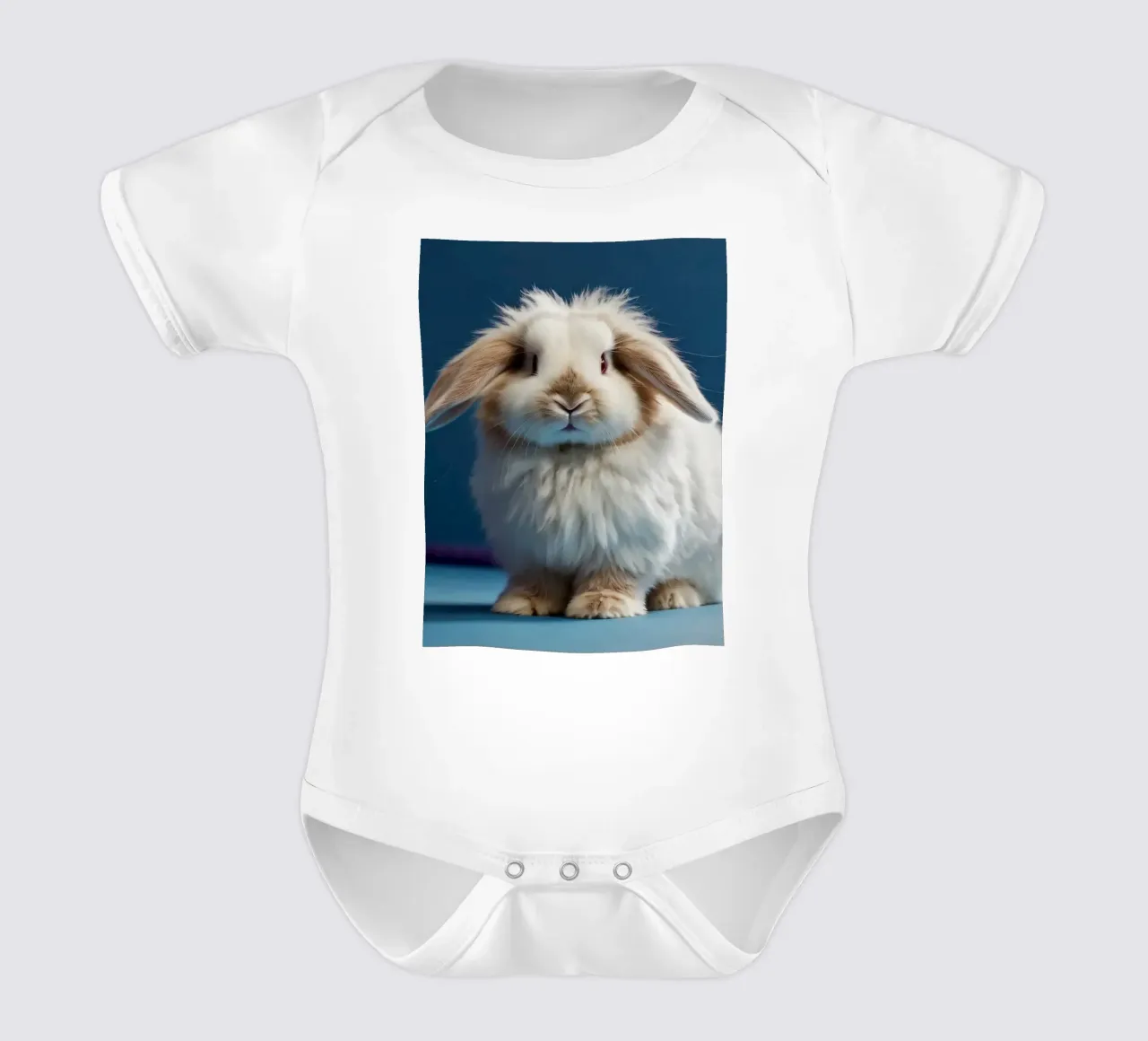 Lapin blanc duveteux assis sur une surface bleue body bébé de DesignDoodle