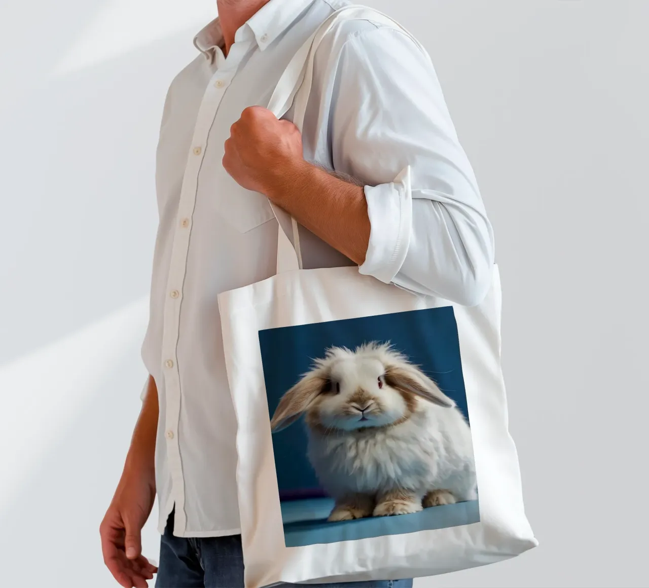 Fluffy white rabbit sitting on a blue surface tote bag by DesignDoodle