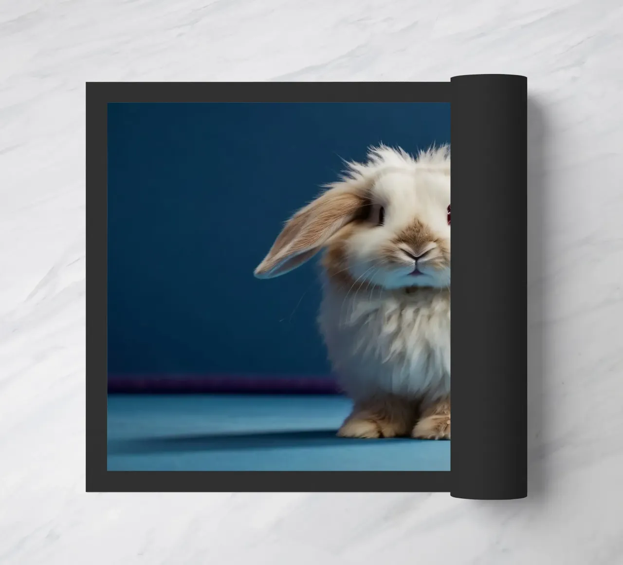 Lapin blanc duveteux assis sur une surface bleue paillasson de DesignDoodle