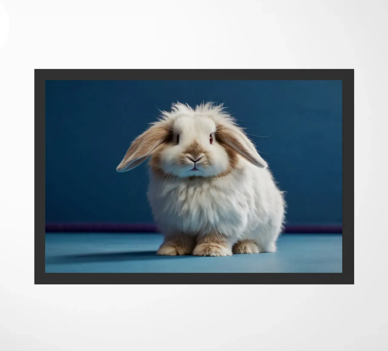 Lapin blanc duveteux assis sur une surface bleue paillasson de DesignDoodle