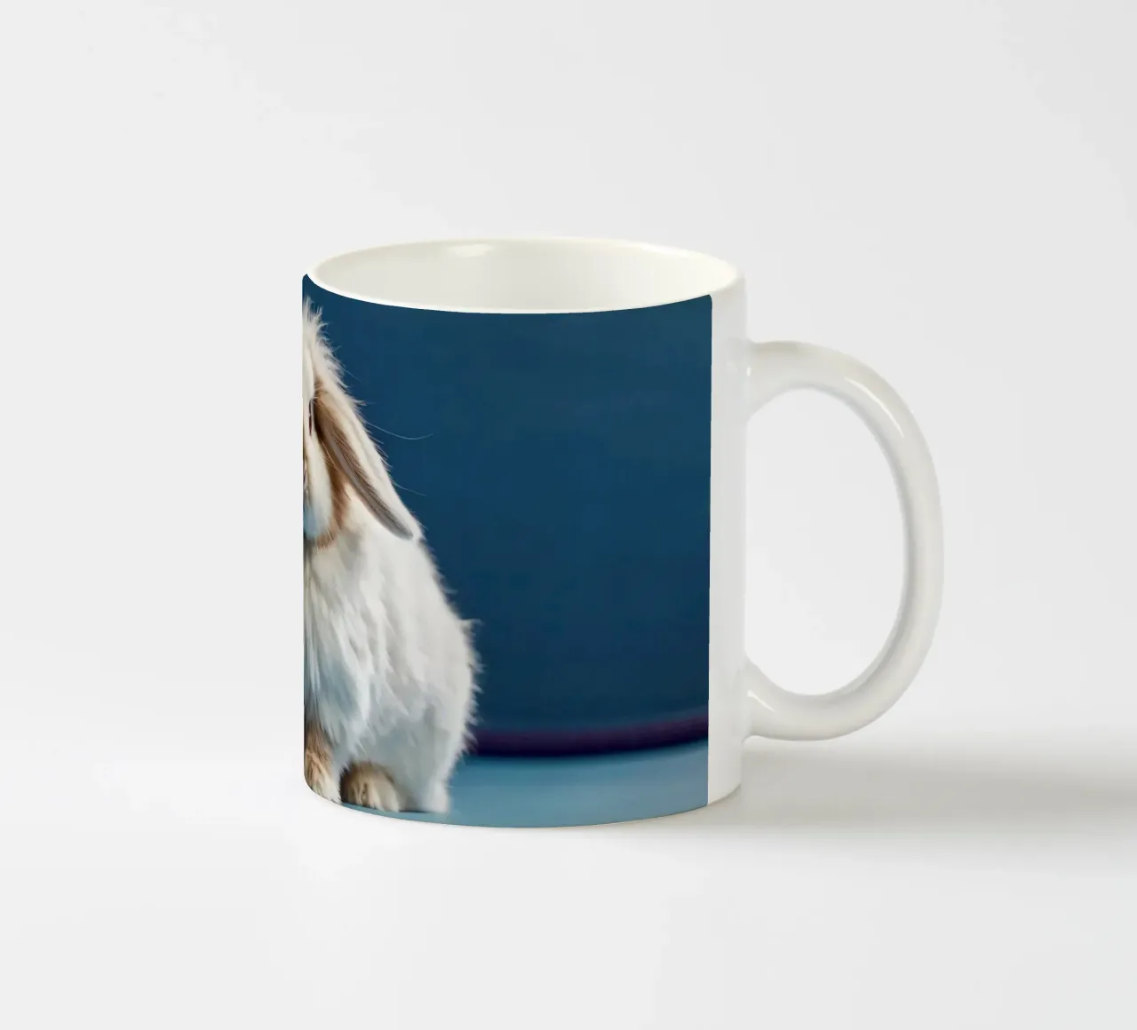 Lapin blanc duveteux assis sur une surface bleue mug en céramique de DesignDoodle