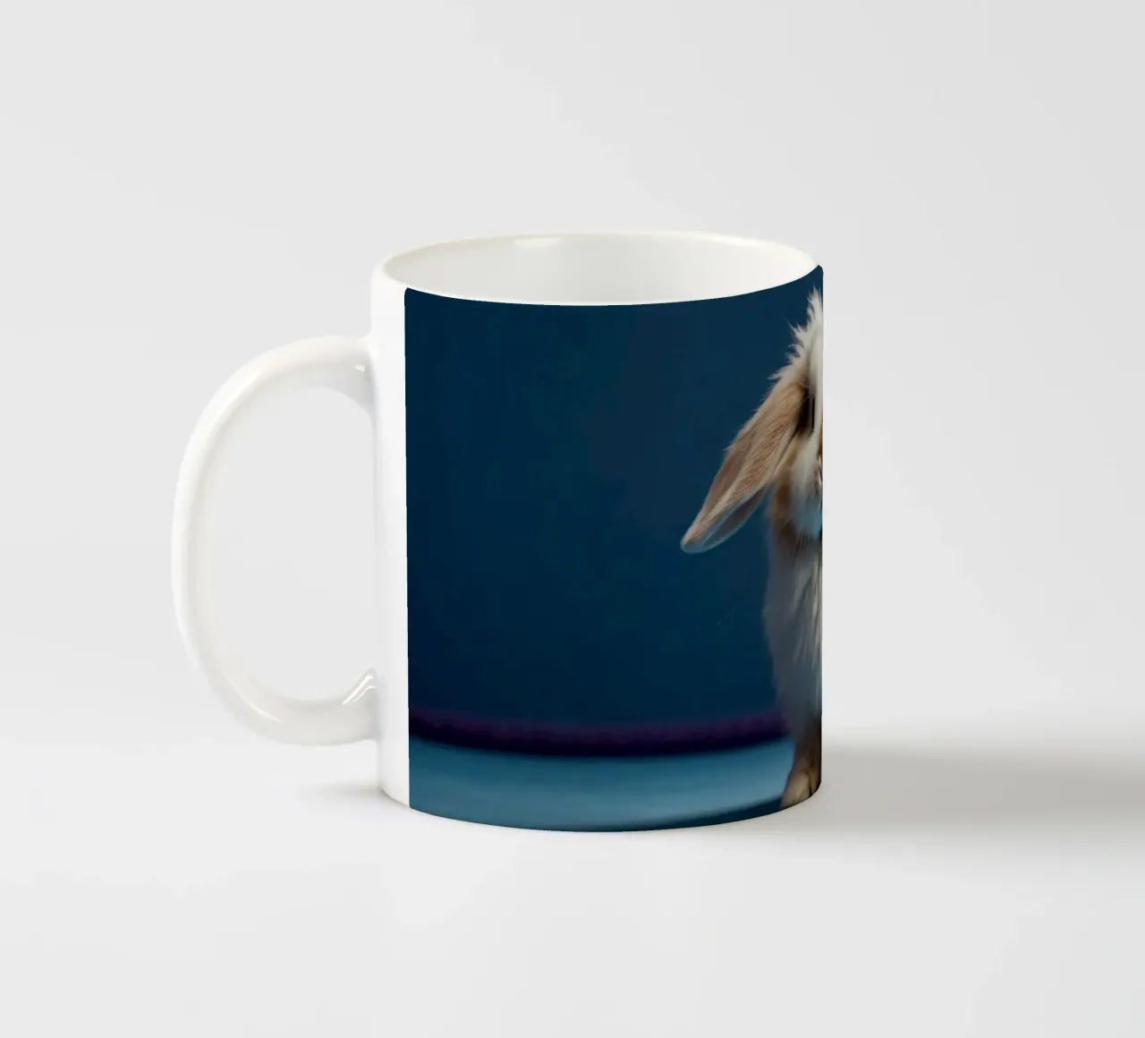 Lapin blanc duveteux assis sur une surface bleue mug en céramique de DesignDoodle