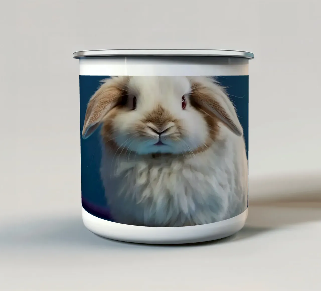 Lapin blanc duveteux assis sur une surface bleue mug en émail de DesignDoodle