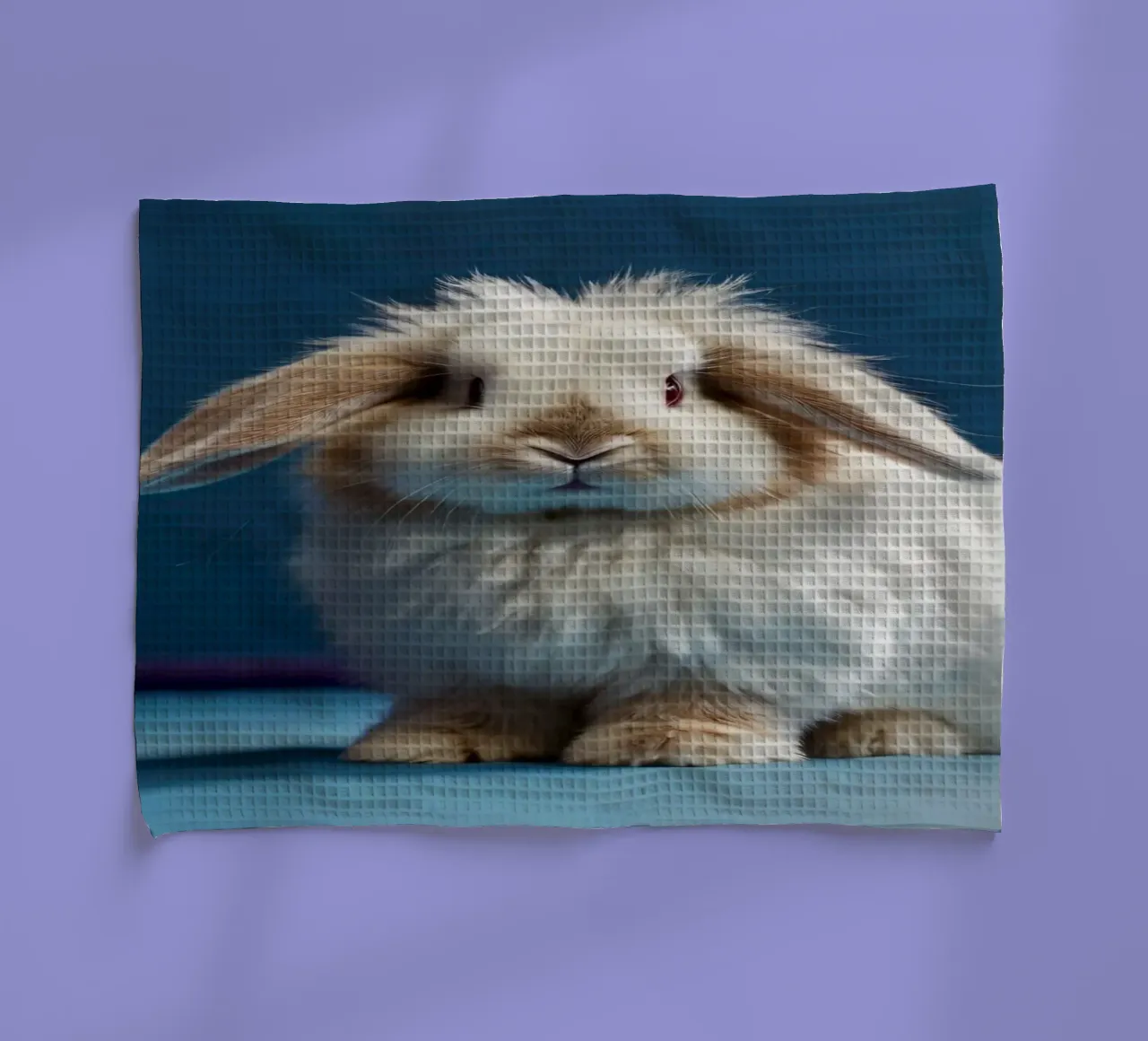 Lapin blanc duveteux assis sur une surface bleue torchon de DesignDoodle