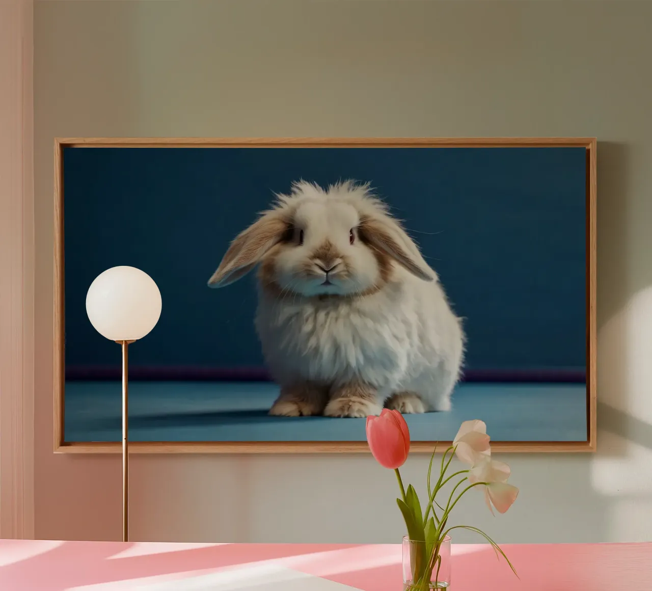 Fluffy white rabbit sitting on a blue surface canvas by DesignDoodle