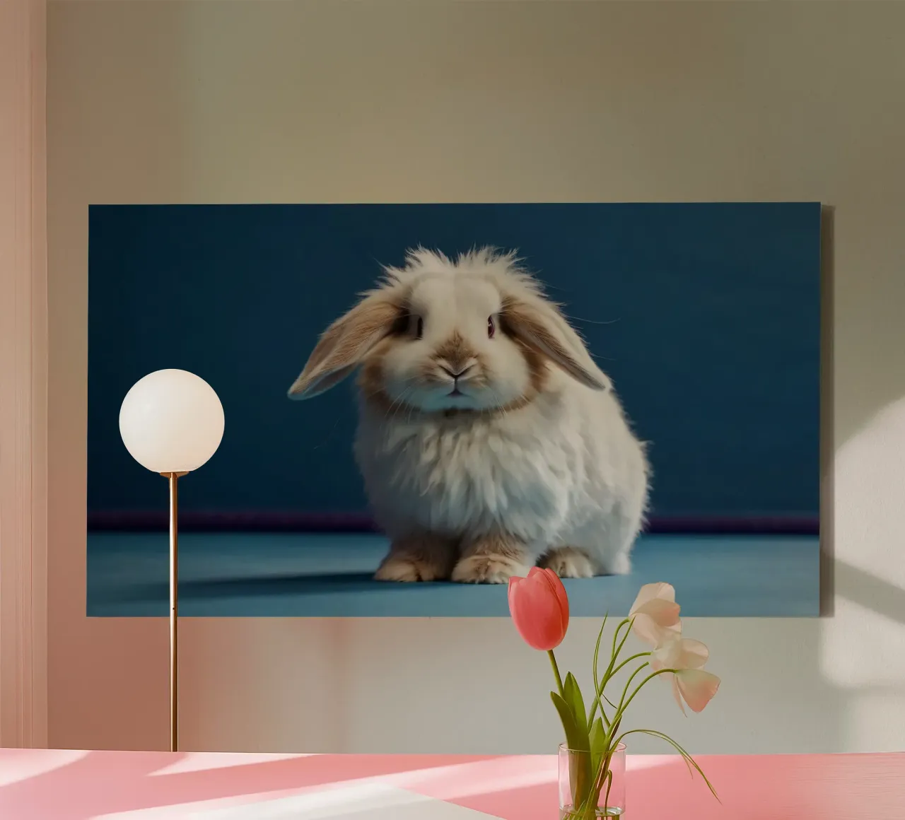 Fluffy white rabbit sitting on a blue surface canvas by DesignDoodle