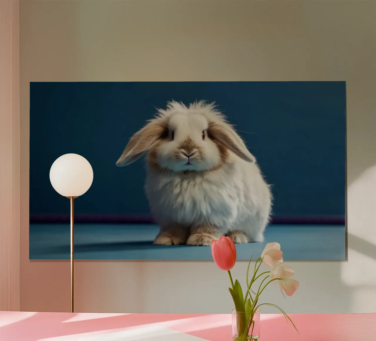 Lapin blanc duveteux assis sur une surface bleue hahnemühle de DesignDoodle