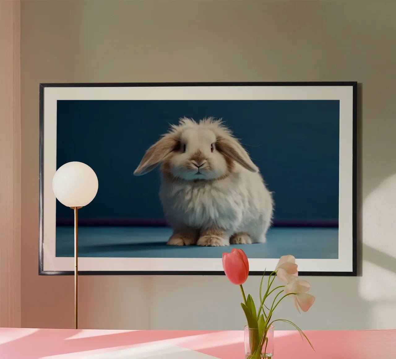 Lapin blanc duveteux assis sur une surface bleue hahnemühle de DesignDoodle
