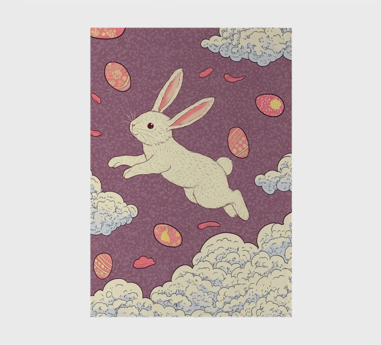Lapin de Pâques bondissant volant dans les nuages - Pastel Wall Art carnet de notes de Kaji