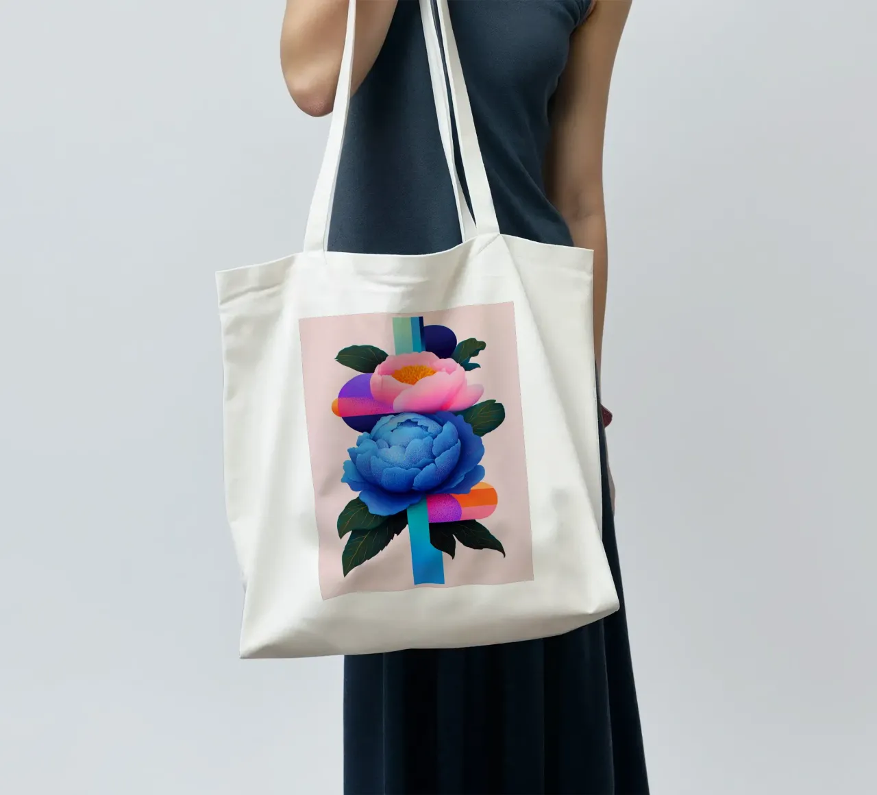 Peonie geometriche pop borsa in juta da Carinaprint