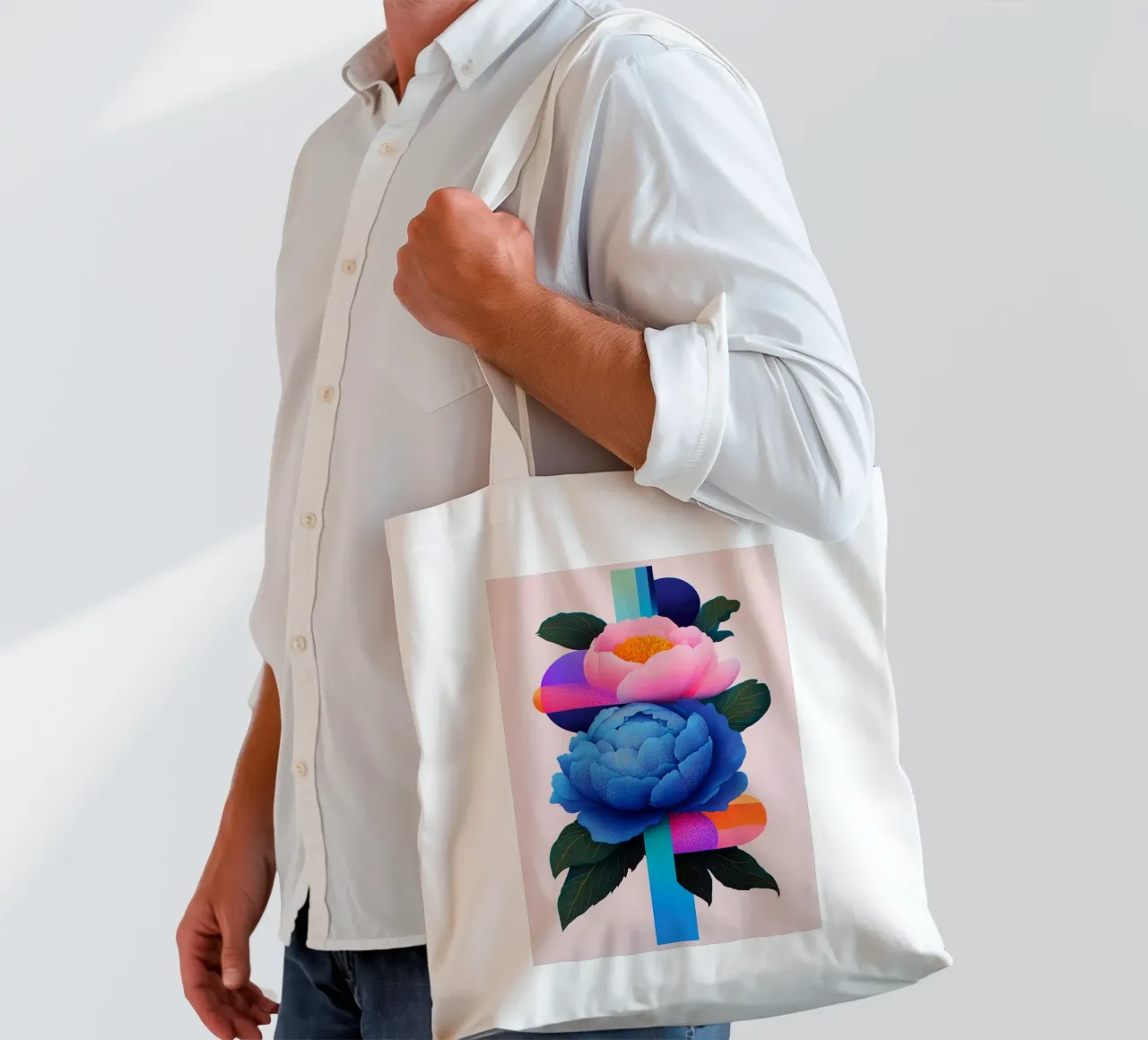 Peonie geometriche pop borsa in juta da Carinaprint