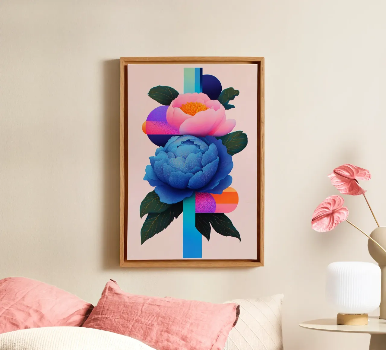 Peonie geometriche pop tela con Cornice a cassetta da Carinaprint