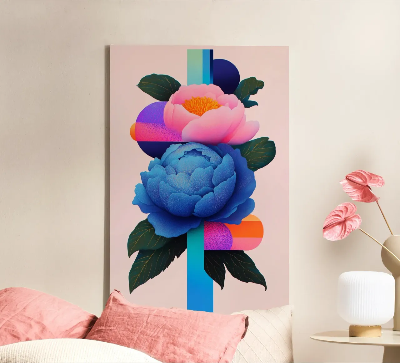 Peonie geometriche pop tela con Cornice a cassetta da Carinaprint