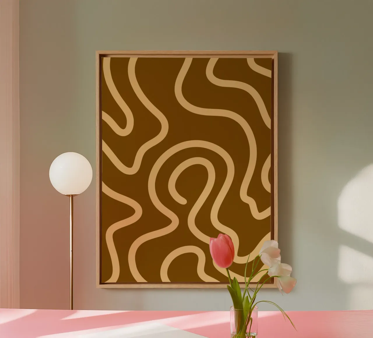 Gele lijn Bruine achtergrond canvas van MODERN NUANCE