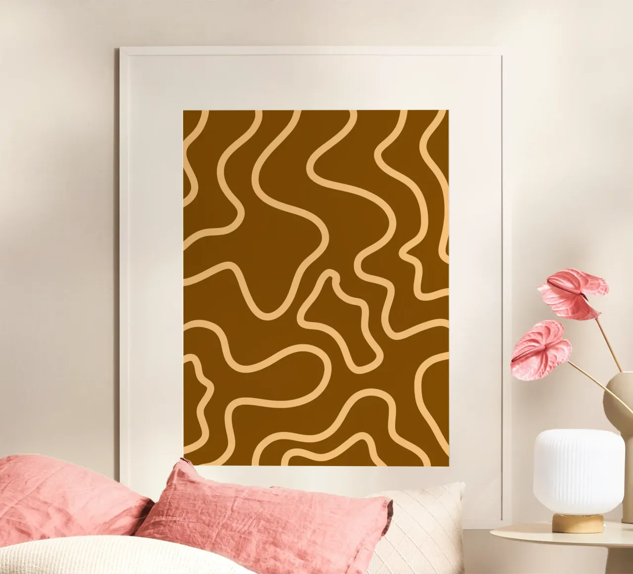Linea gialla Sfondo marrone poster con telaio in plastica da MODERN NUANCE