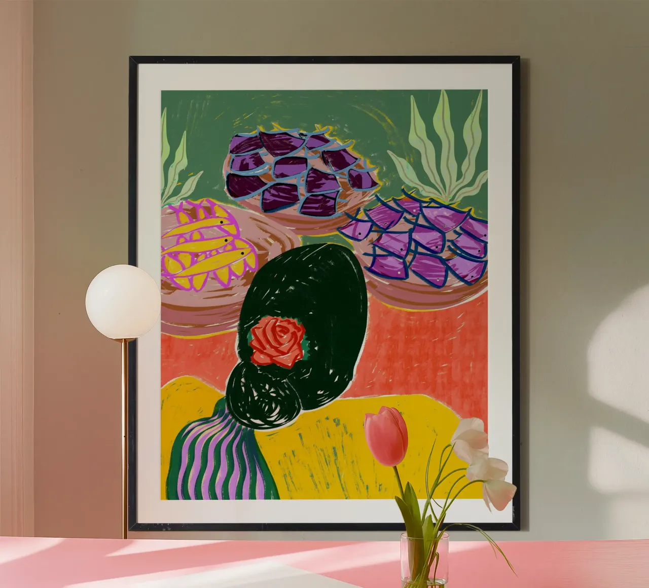 Mercato del pesce, massimalismo eclettico Donna che vende frutti di mare poster da 83oranges
