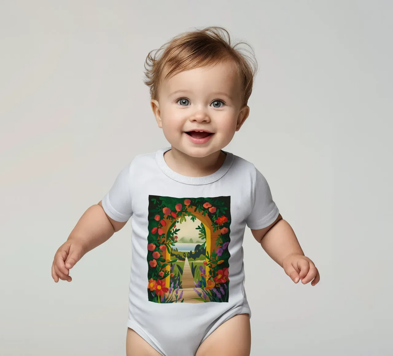 Floral Pathway Serenade short-sleeve baby romper by Veiled Canvas