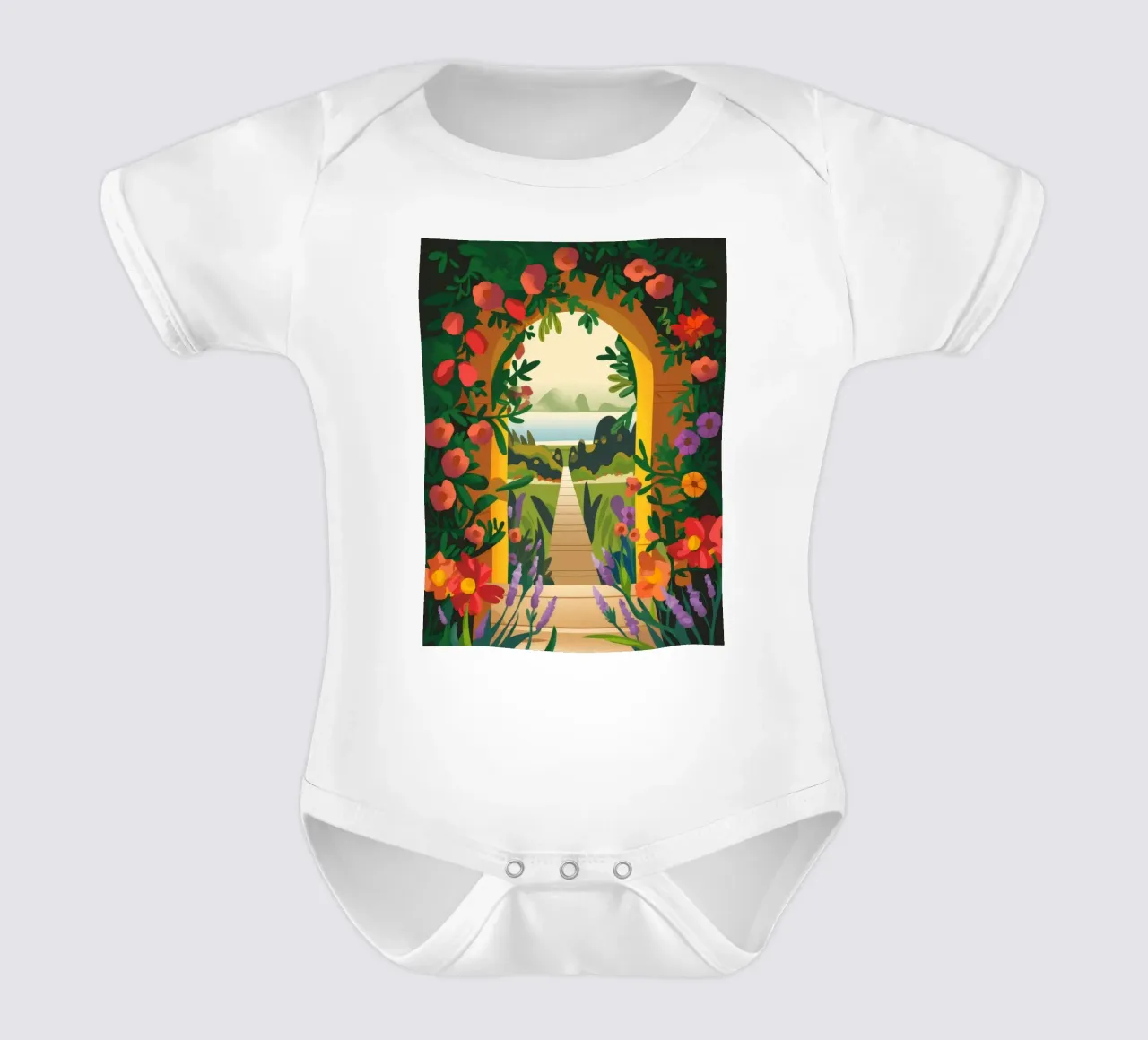 Floral Pathway Serenade short-sleeve baby romper by Veiled Canvas