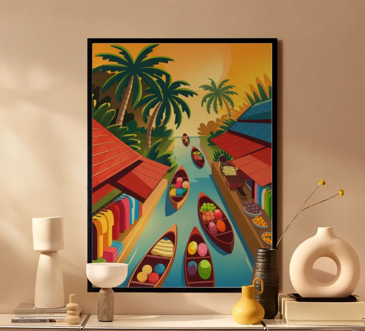 Il vivace canale del mercato poster con telaio in plastica da Veiled Canvas