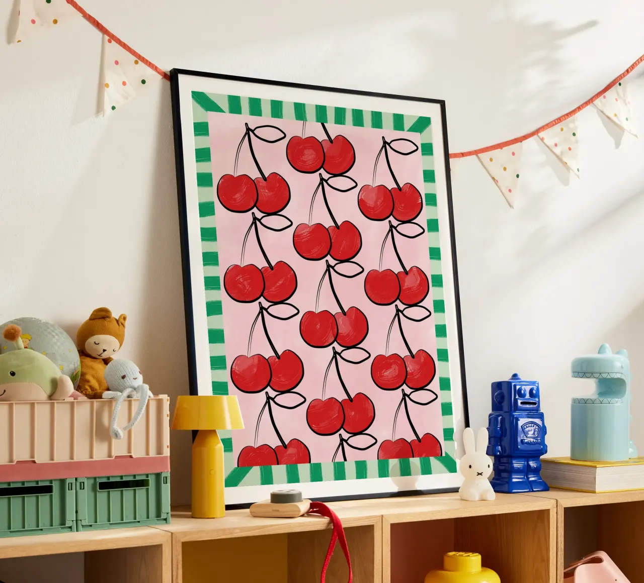 Ciliegie rosse su rosa poster con telaio in plastica da Pictufy Sun & Spirit