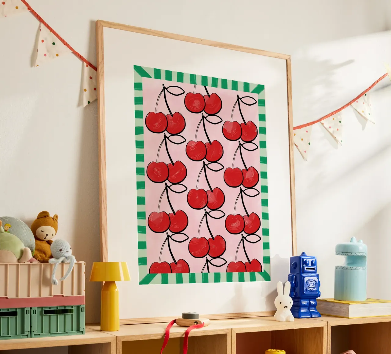 Ciliegie rosse su rosa poster con telaio in plastica da Pictufy Sun & Spirit
