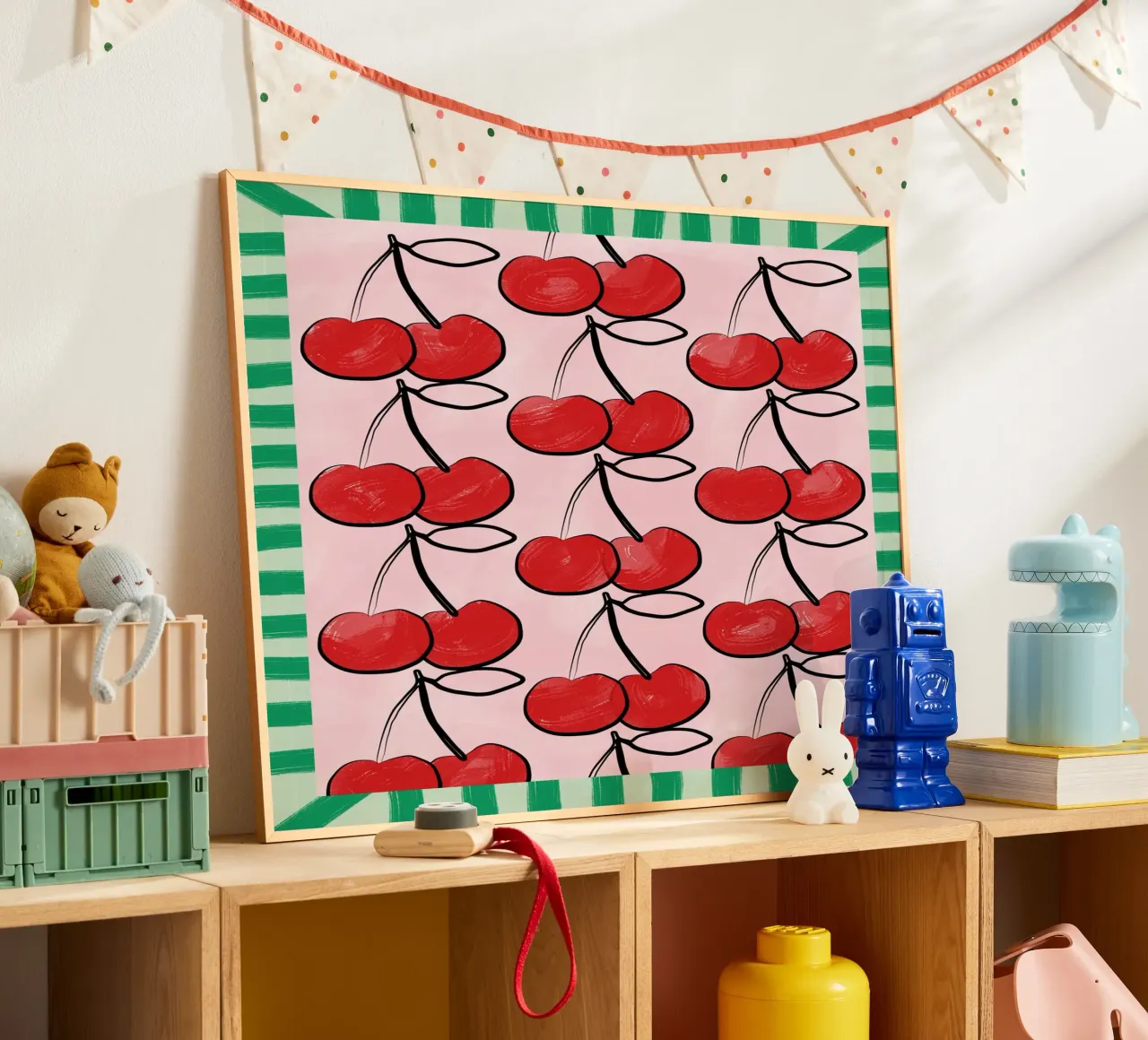 Ciliegie rosse su rosa poster con telaio in plastica da Pictufy Sun & Spirit