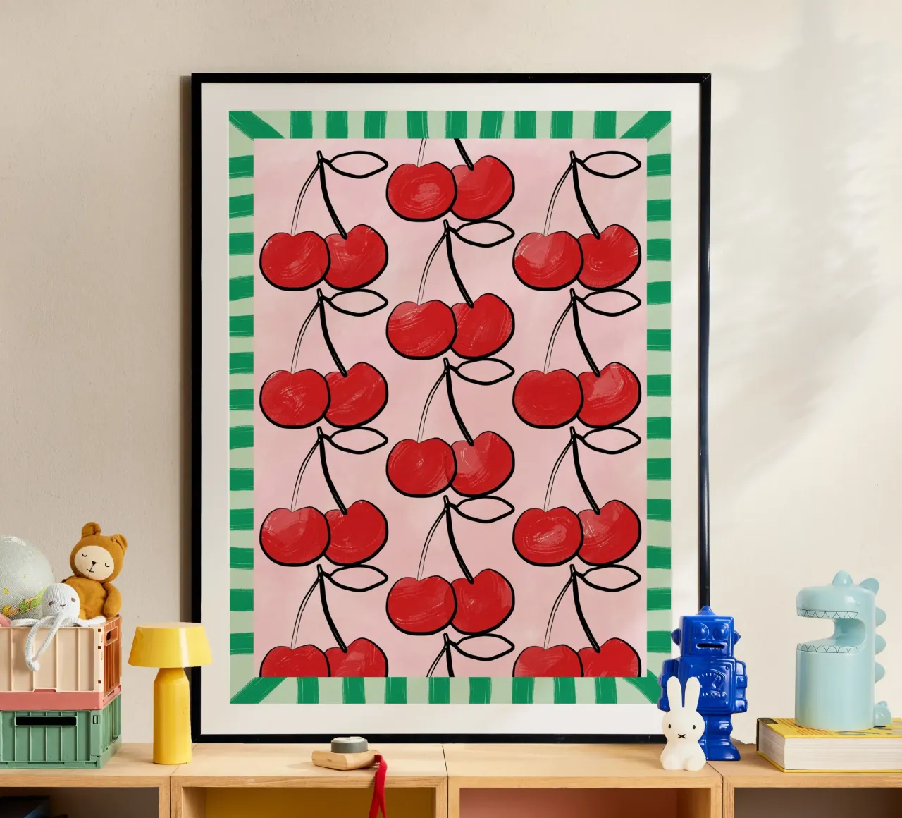 Ciliegie rosse su rosa poster con telaio in plastica da Pictufy Sun & Spirit