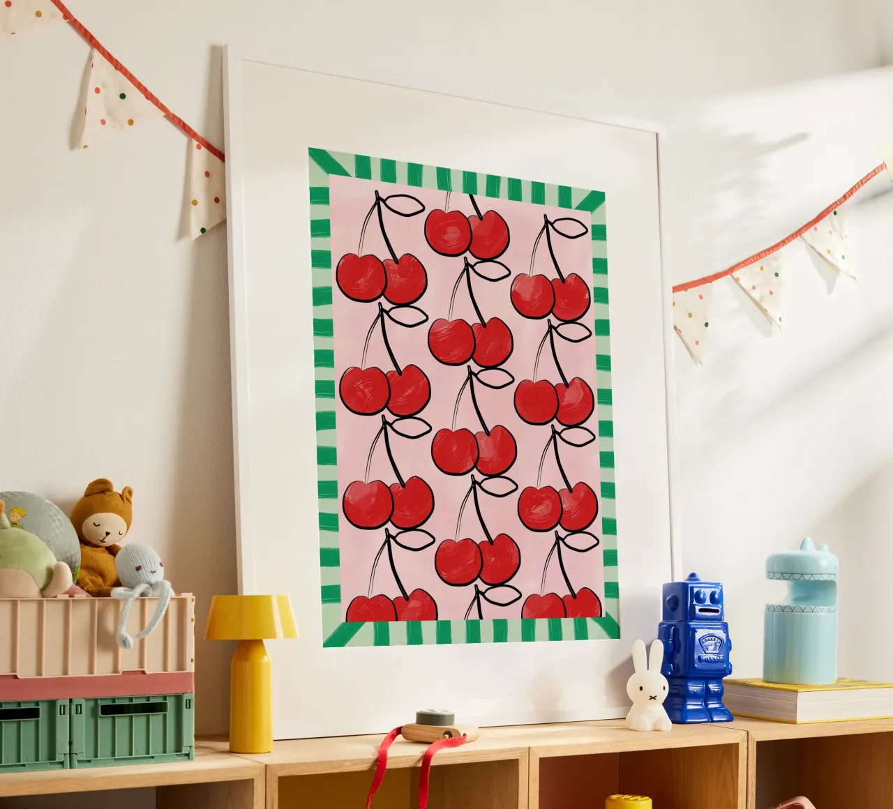 Ciliegie rosse su rosa poster con telaio in plastica da Pictufy Sun & Spirit