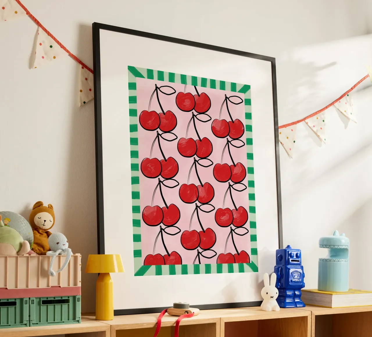 Ciliegie rosse su rosa poster con telaio in plastica da Pictufy Sun & Spirit