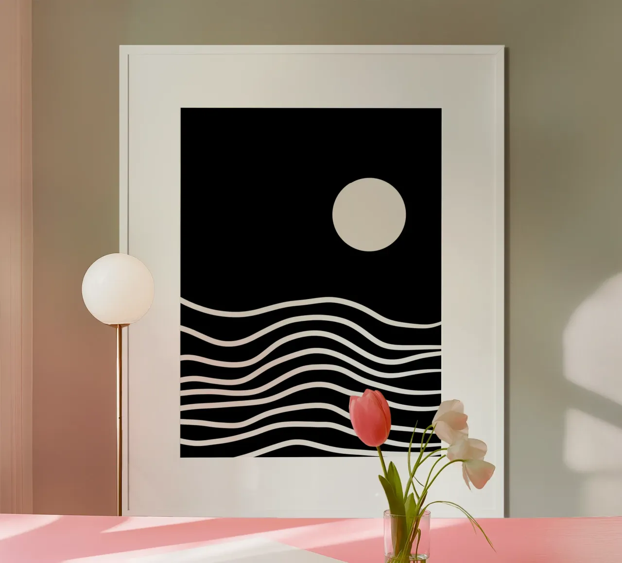 Linea bianca Sfondo nero poster con telaio in legno da MODERN NUANCE