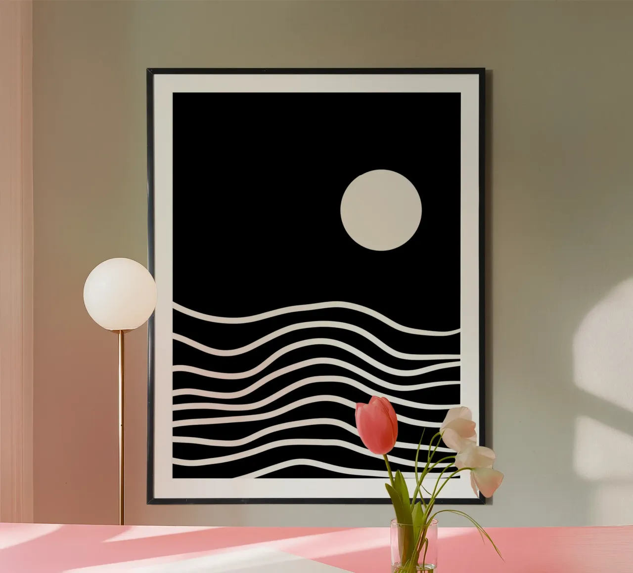 Linea bianca Sfondo nero poster con telaio in legno da MODERN NUANCE