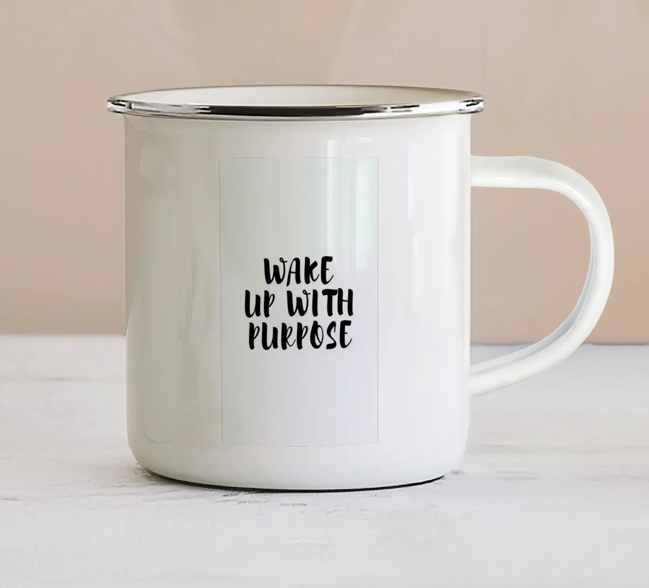 Wake Up enamel mug by typed