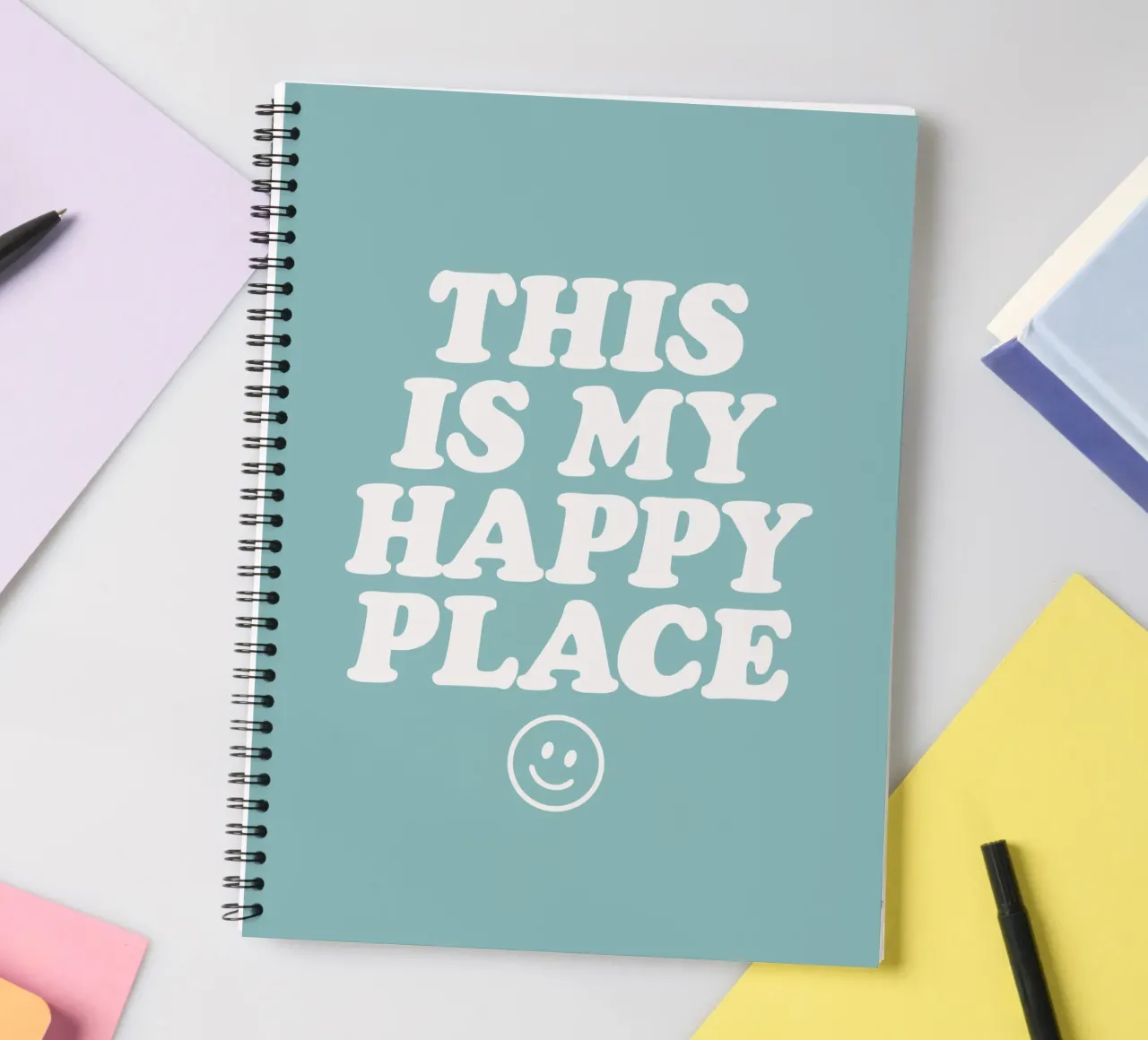 This is My Happy Place Cheerful Positive Smiley Typography spiral notebook by THE MOTIVATED TYPE