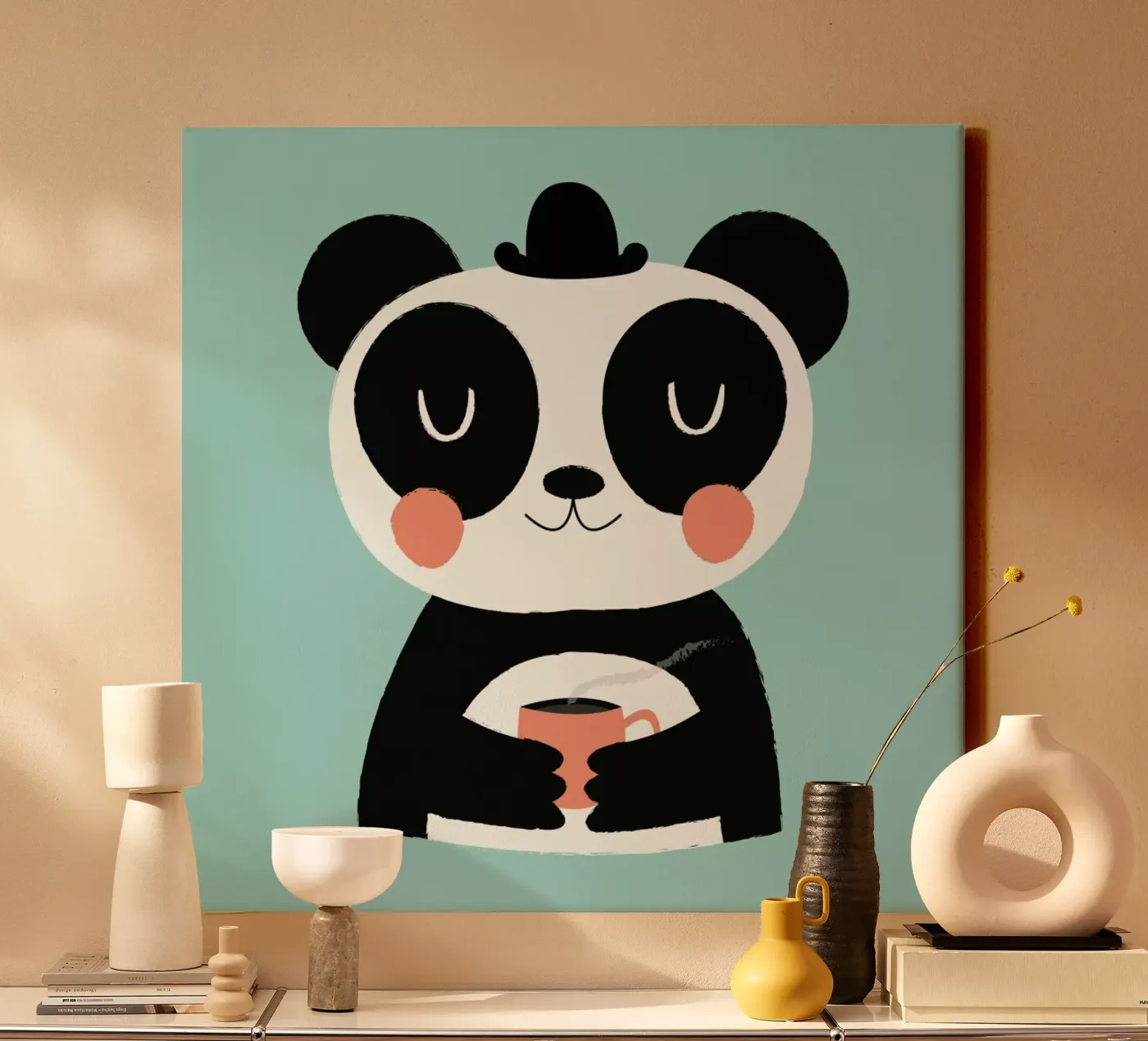 Panda Loves Coffee canvas by Karin Bijlsma