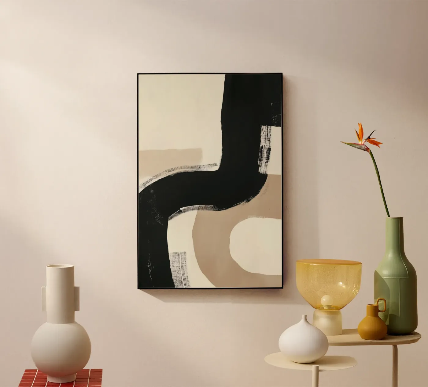 Zwarte en beige penseelstreken acryl van Melloi Art Print