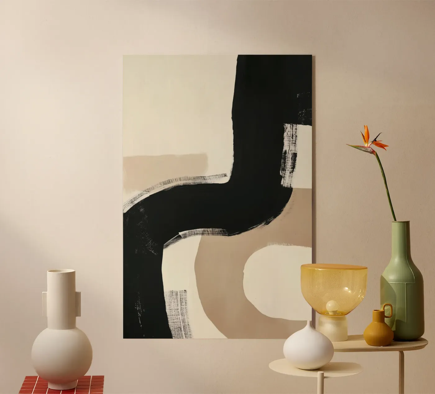 Zwarte en beige penseelstreken acryl van Melloi Art Print