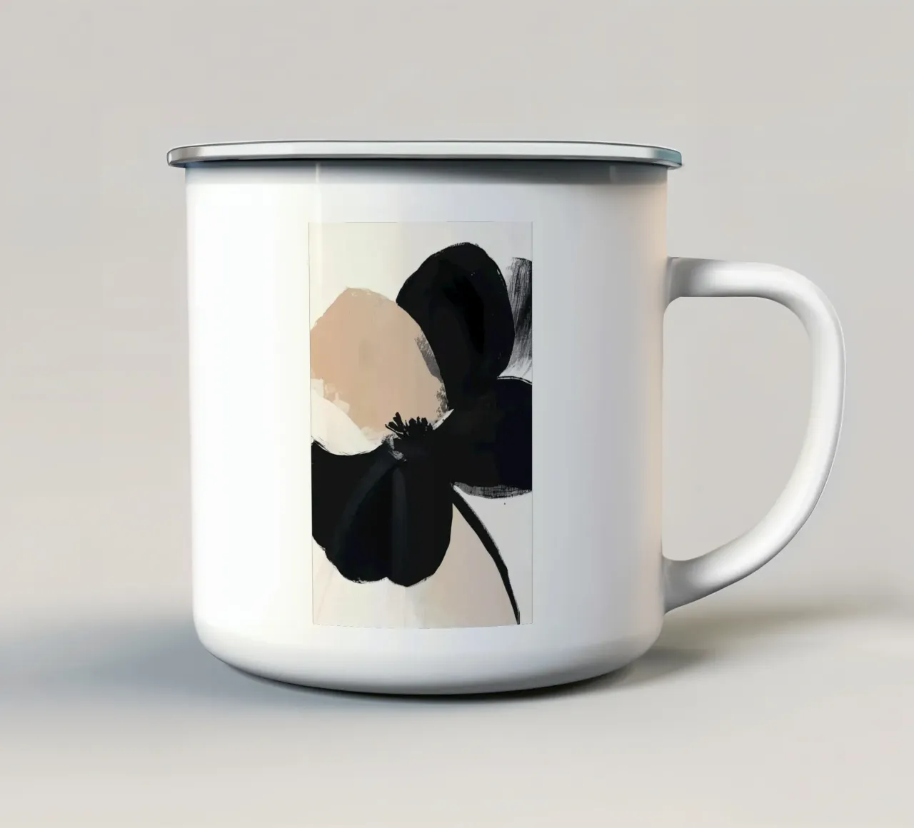 Fiore astratto nero e beige tazza in smalto da Melloi Art Print