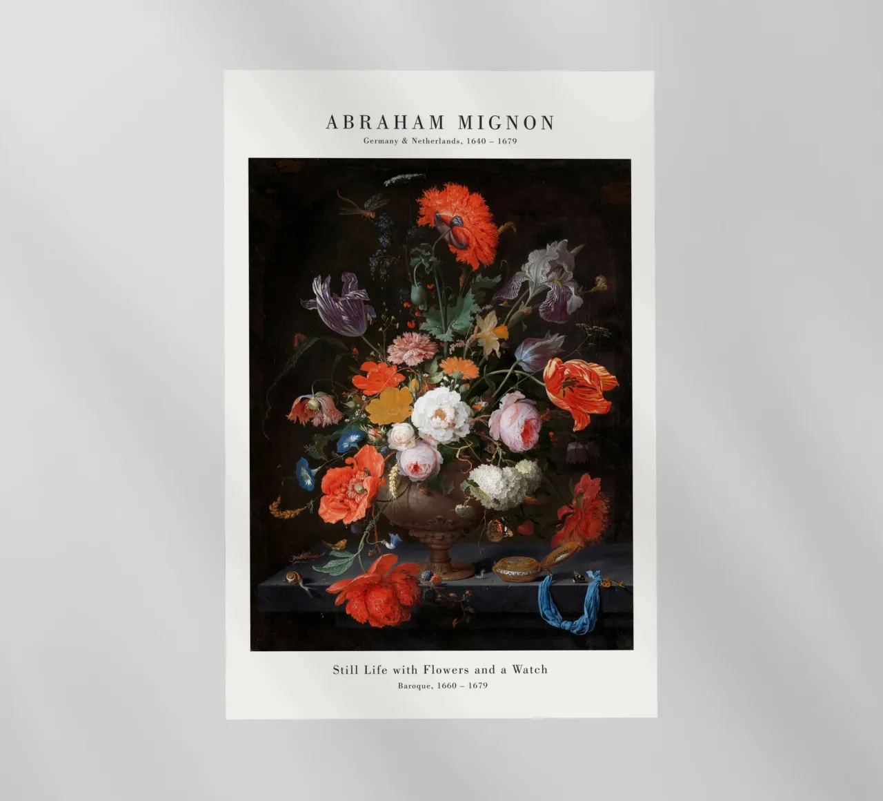 Abraham Mignon - Mignon Natura morta con fiori e orologio pellicola backlit da Old Masters